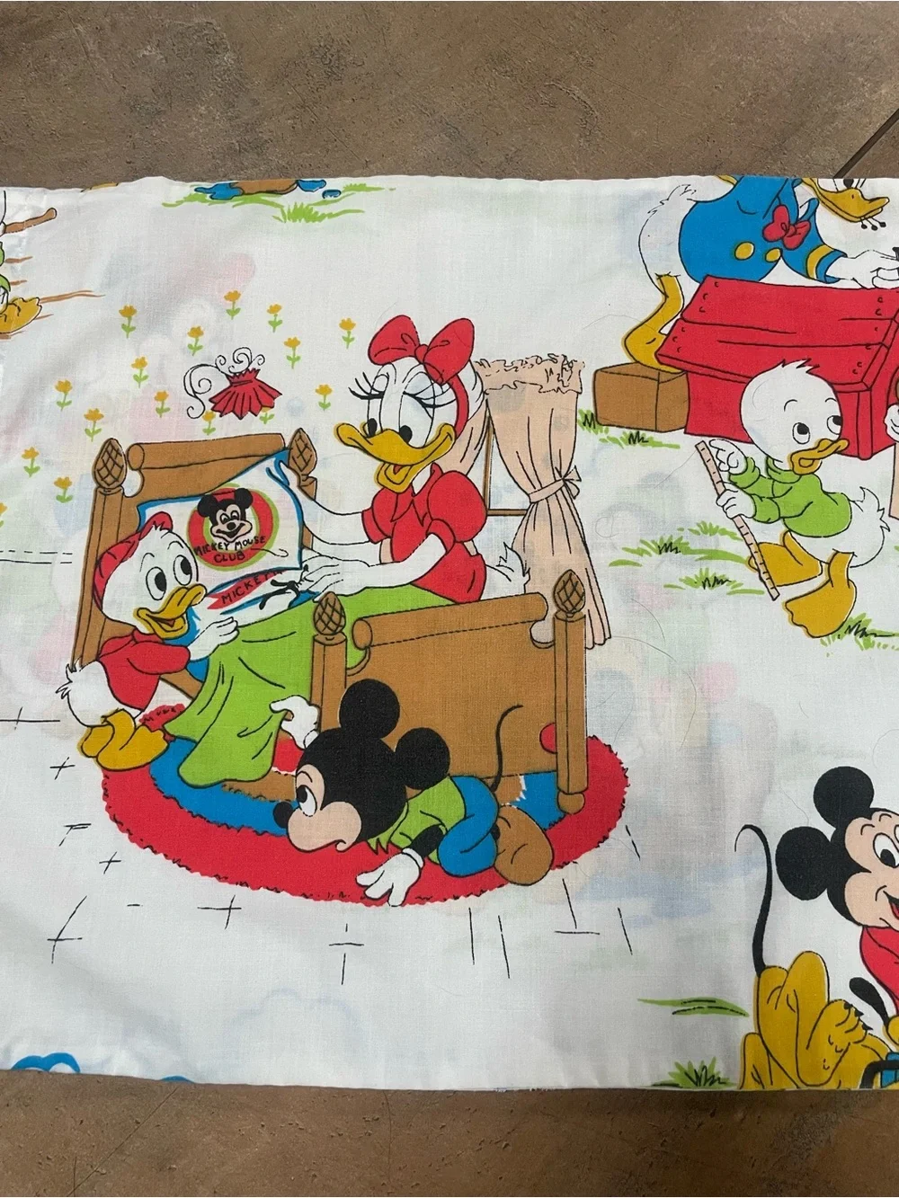 VTG Disney Mickey Mouse Chores Pillowcase Donald Daisy Minnie Pluto Double Sided